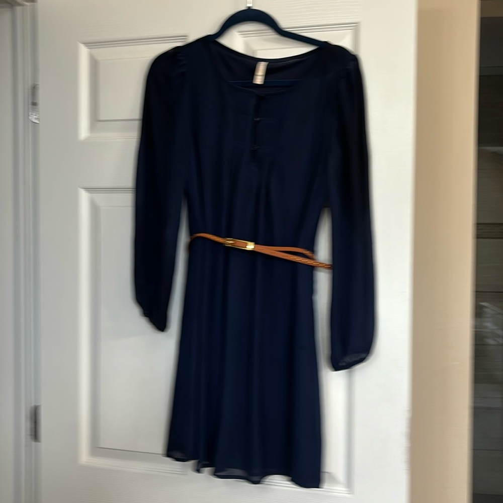 Navy blue lined sheer sleeved dress with belt